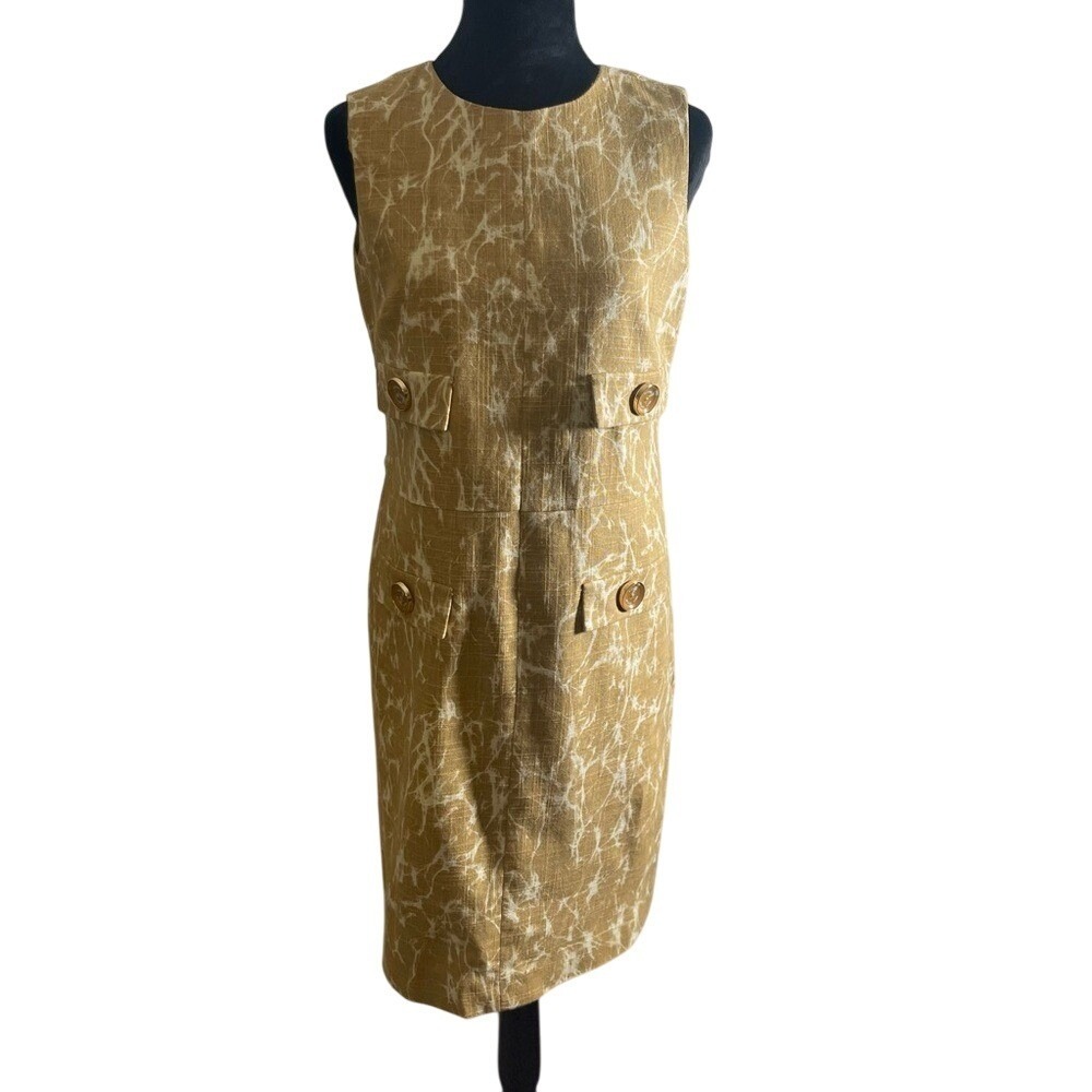 Michael Kors Y2K Vintage Mustard White Marble Print Sleeveless Sheath Dress SZ 6